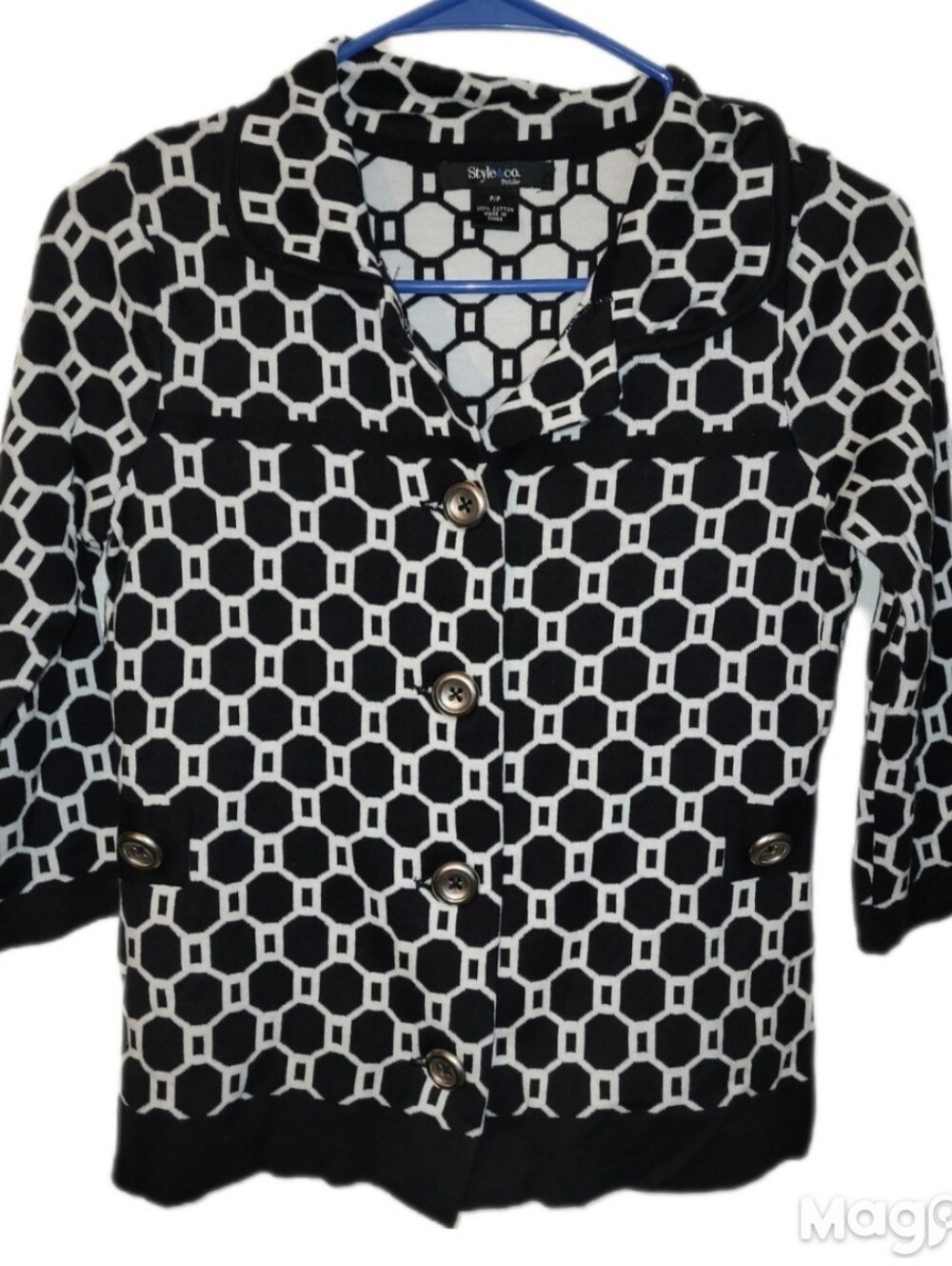 Style & Co. Black and White Geometric Button-Up Knit Cardigan Jacket Size P/P